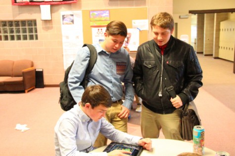 Nathan Carlen '17 Jack Hellier '17 talking with friends