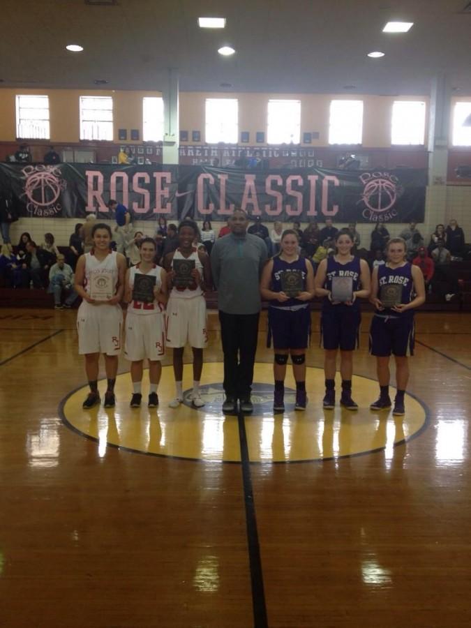 RJ Girls Basketball players recieving awards at the MLK Weedent Rose Classic in NYC, January 2015