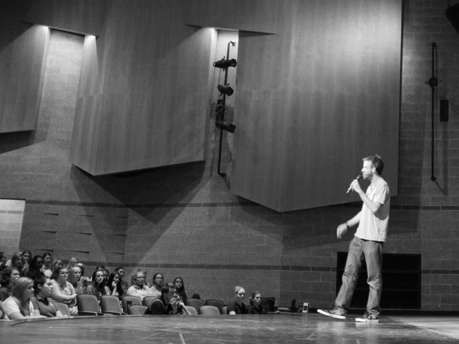 Two time heart transplant recipient, Connor Randall speaks to Regis Jesuit students in the Z Theater. Photo by: Anastasia Conley 18