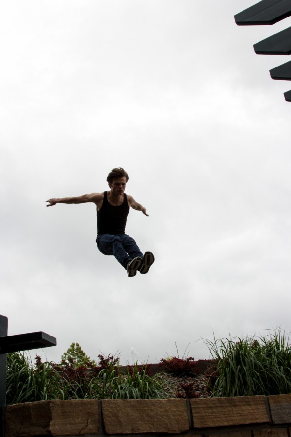 A parkour athlete calculating his jump mid air