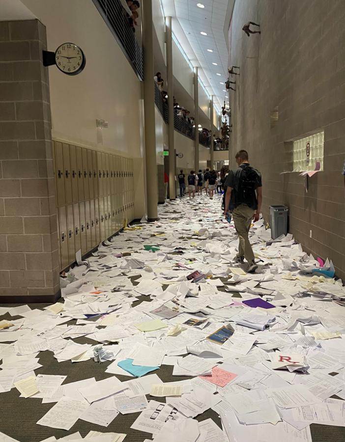 After the last bell, seniors threw papers throughout the boys division hallway as a final goodbye. 